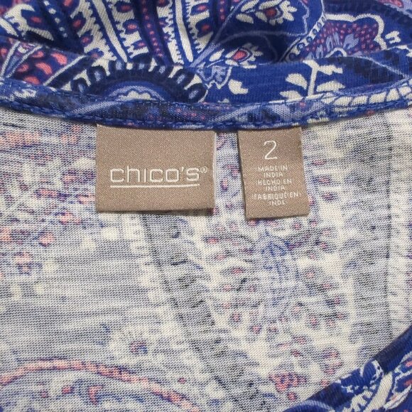 Chico's Blue Paisley Print V-Neck with sheer Chiffon hem Tunic Chico's 2 Sz 12‎ - Picture 6 of 14